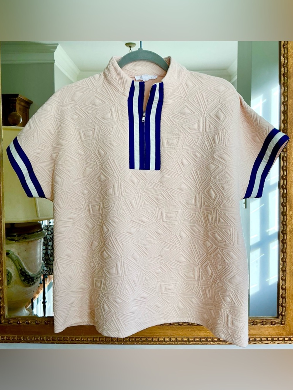 THML Textured Cream Short-Sleeve THML Top with Blue Ribbon Trim